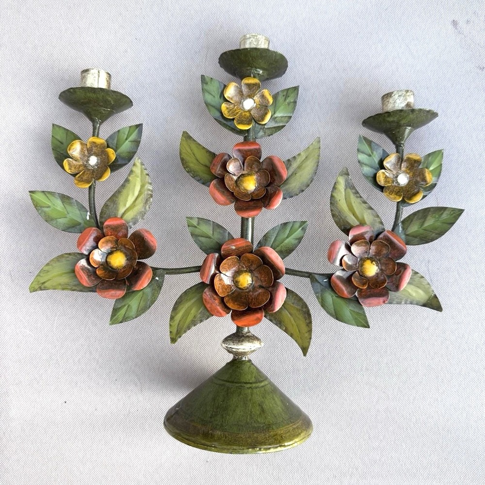 VTG Candle Holder (3) Italian Toleware Handpainted Floral Green Orange Metal